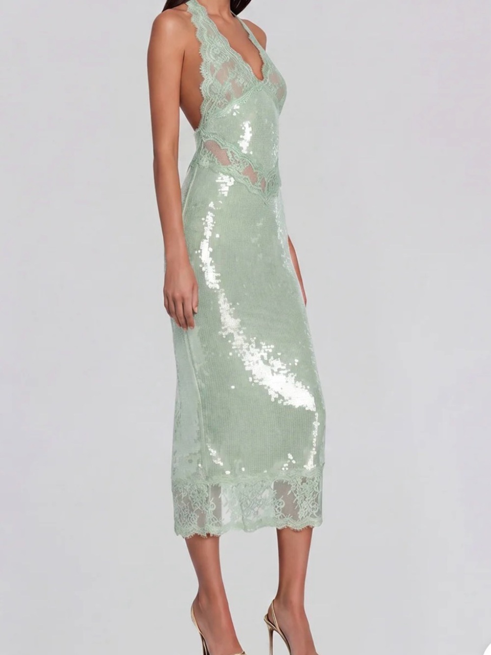 Backless Sequin Lace Midi Dress in Mint